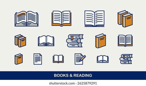 Livros e leitura de ícones vetoriais conjunto, livros diferentes, ficção e literatura documental.