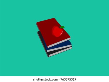 Books and red apple on green background illustration vector