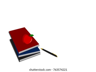 Books, red apple and pen illustration vector on white background