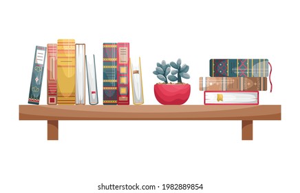 Books with retro-style covers on a wall bookshelf with a flower pot.