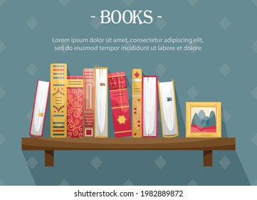 Books with retro-style covers on a wall bookshelf with a picture frame.