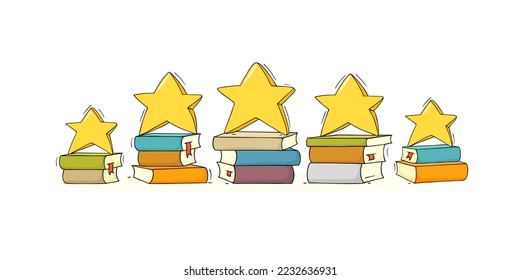 Books review, reading rating with 5 gold stars. Concept of literature ranking, quality of education or library with stacks of books and five yellow stars, vector hand drawn illustration