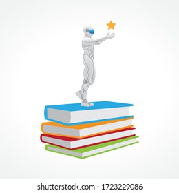 books, robot and star, vector illustration