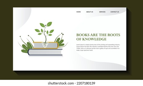 Los libros son las raíces del conocimiento, la ilustración de los libros, el estudio, el recorrido de estudio, el conocimiento, la naturaleza, la plantilla de diseño de la página de inicio de la educación.