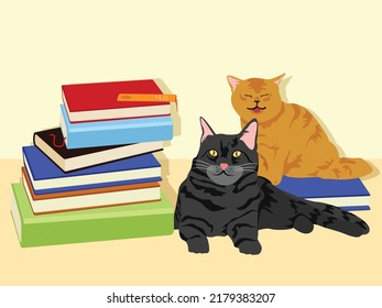 Books in a row, notebook. Cats near books.