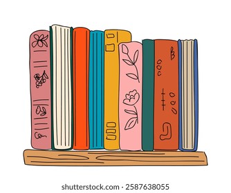 Books row on shelf. Bookshelf, home library with different literature. Flat graphic vector illustration isolated on white background