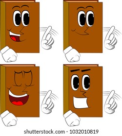 Books saying no with his finger. Cartoon book collection with happy faces. Expressions vector set.