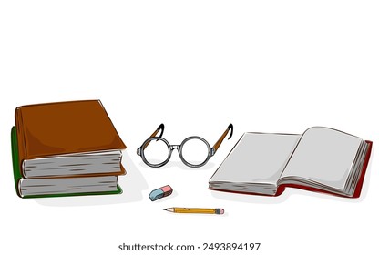 Los libros y los atributos escolares se acercan. Concepto de Educación. Vector gráfico.