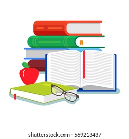 A lot of books. School education and knowledge concept. Colorful flat style cartoon vector illustration isolated on white background.