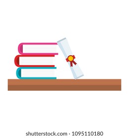 books school pile with diploma