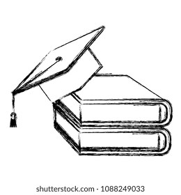 books school pile with graduation hat