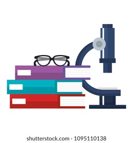 books school pile with microscope and glasses