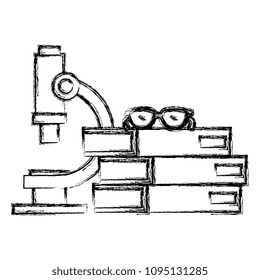 books school pile with microscope and glasses