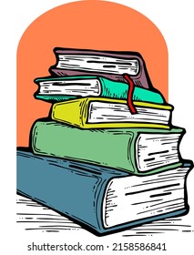 Books for school study or university education, writing diploma, working in classroom. Student, teacher, writer, child all use book for new knowledge, hobby. Hand drawn vintage vector illustration.