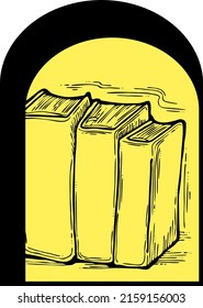 Books for school study or university education, writing diploma, working in classroom. Student, teacher, writer, child all use book get new knowledge, hobby. Hand drawn vintage vector illustration.