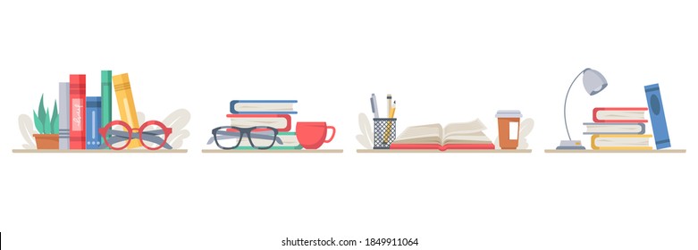 Books with school supplies, isolated set of stack of textbooks with lamps, coffee or tea cup. Pencils and pens for writing in diary. Table of student or pupil of college. Vector in flat style