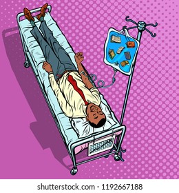 Books, science and knowledge. African man under medical dropper. Pop art retro vector illustration vintage kitsch