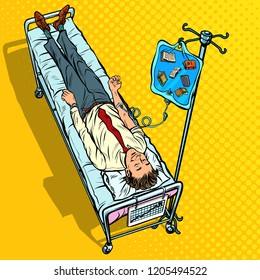 Books, science and knowledge. man under medical dropper. Pop art retro vector illustration vintage kitsch