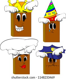 Books scratching his head with two hands. Cartoon book collection with costume faces. Expressions vector set.