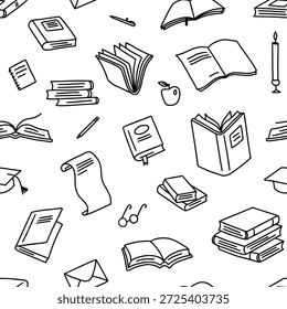 Books seamless pattern. Book stacks, education and school library banner. Doodles for knowledge textiles, classroom poster isolated vector texture.