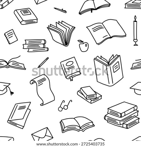 Books seamless pattern. Book stacks, education and school library banner. Doodles for knowledge textiles, classroom poster isolated vector texture.