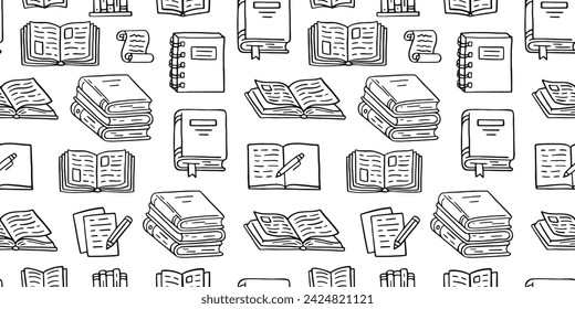 Books seamless pattern with doodle illustration. Literature education, library literature, open novel, dictionary, notes with pen, textbook line background hand drawn elements