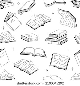 Books seamless pattern with doodle outline textbooks. Monochrome linear wallpaper with library encyclopedia, textile, wrapping paper background, reading hobby, education, Vector line art illustration