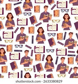 Books seamless pattern. Flat vector clipart, illustration with isolated background.