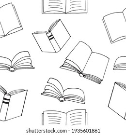 Books Seamless Pattern. Hand Drawn Doodle Style. Vector, Minimalism, Monochrome, Sketch. Wallpaper, Textile, Wrapping Paper Background Reading Education Bookstore Science