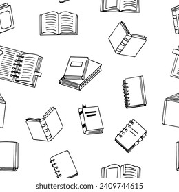 el patrón de los libros es impecable. estilo doodle dibujado a mano. vector, minimalismo, monocromo, boceto. papel pintado, textil, papel envolvente, fondo. lectura, educación, librería, ciencia.