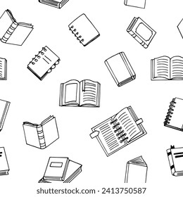 el patrón de los libros es impecable. estilo doodle dibujado a mano. vector, minimalismo, monocromo, boceto. papel pintado, textil, papel envolvente, fondo. lectura, educación, librería, ciencia.