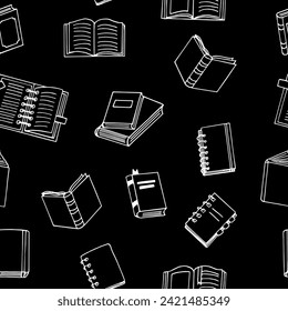 books seamless pattern. hand drawn doodle style. vector, minimalism, monochrome, sketch. wallpaper, textile, wrapping paper, background. reading, education, bookstore, science.