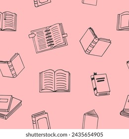 diseño sin fisuras. estilo dibujado a mano. vector, minimalismo, monocromo, boceto. papel pintado, textil, papel de embalaje, fondo. lectura, educación, librería, ciencia.