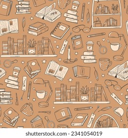 Books seamless pattern on craft paper background with hand drawn elements, doodles for wrapping paper, scrapbooking, prints, packaging, wallpaper, stationary, etc. EPS 10