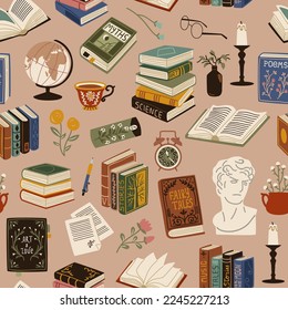 Books seamless pattern. Vintage cozy elements, printed publications, volumes of literature, retro library flying objects. Decor textile, wrapping paper, wallpaper. Tidy vector background