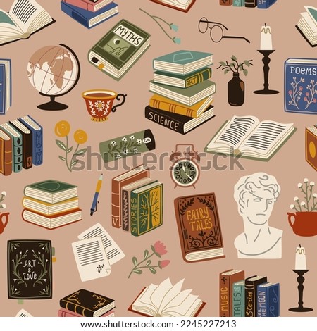Books seamless pattern. Vintage cozy elements, printed publications, volumes of literature, retro library flying objects. Decor textile, wrapping paper, wallpaper. Tidy vector background