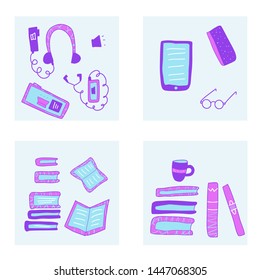 Books set cards in doodle style. Symbols of reading isolated on white background. Vector illustration.