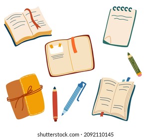 Books set. Colored notebooks with stickers. Office supplies. Open paper book with empty pages, diary, exercise book, scratchpad, pencil, pen, bookmarks. Study, writing. Vector illustration.