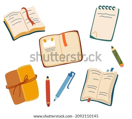 Books set. Colored notebooks with stickers. Office supplies. Open paper book with empty pages, diary, exercise book, scratchpad, pencil, pen, bookmarks. Study, writing. Vector illustration.