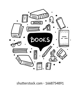 Books set in doodle style. Round badge with symbols of reading. Circle composition with learning and education sketch signs and handwritten text. Vector black and white design illustration.