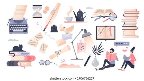 Books set as elements with literature reading and writing tiny person concept. Object bundle with publishing work, school or university education learning and novels loving items vector illustration.