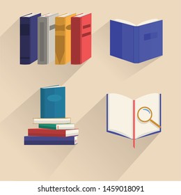 Books set in flat design style, vector illustration magnifier, bookmark, multicoloured long shadows