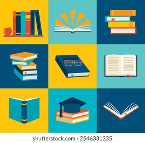 Books set in flat design style, vector illustration