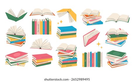Books set. Flat style book stack, open book. Reading studying and learning. Back to school.
