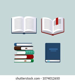 Books set in flat style. Open, closed and pile books.
Isolated vector illustration.