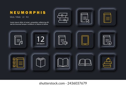 Books set icon. Book, online book, downloading, literature, bookmarks, reading, reading with music, e book, notes, source of knowledge. Concept of literature. Neomorphism style. Vector line icon