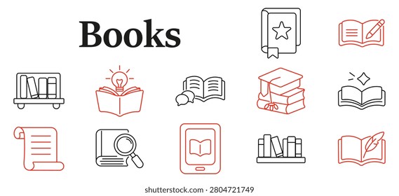 Books set icon. Educational library, illuminated textbook, digital reader, academic graduation, searchable publication, literary manuscript, creative writing, knowledge archive
