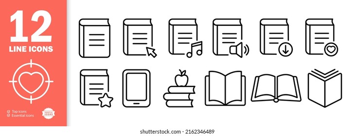 Books set icon. Learn, read, study, download, online, audio, ebook, favorites, apple. Knowledge concept. Vector line icon for Business and Advertising.