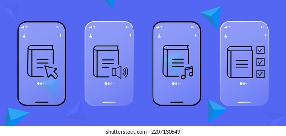 Los libros establecen un icono. Biblioteca, lista de lectura, audiolibro, ebook, escritor, libro de texto, clic, volumen, educación, lector. Concepto de biblioteca en línea. pantallas de aplicación de teléfono de interfaz de usuario. Glasmorfismo. Icono de línea de vector para empresas