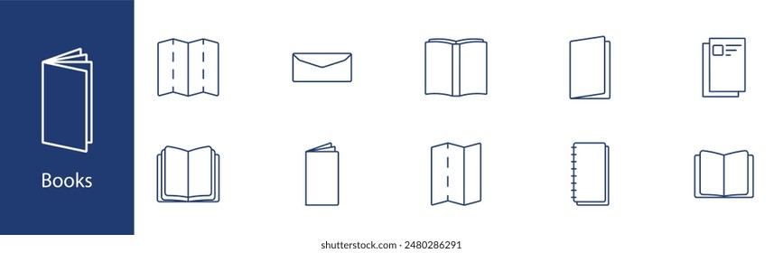 Icono de Conjunto de libros. Abrir libro, cuaderno, carpeta, carta, sobre. Lectura, escritura, educación, concepto literario.